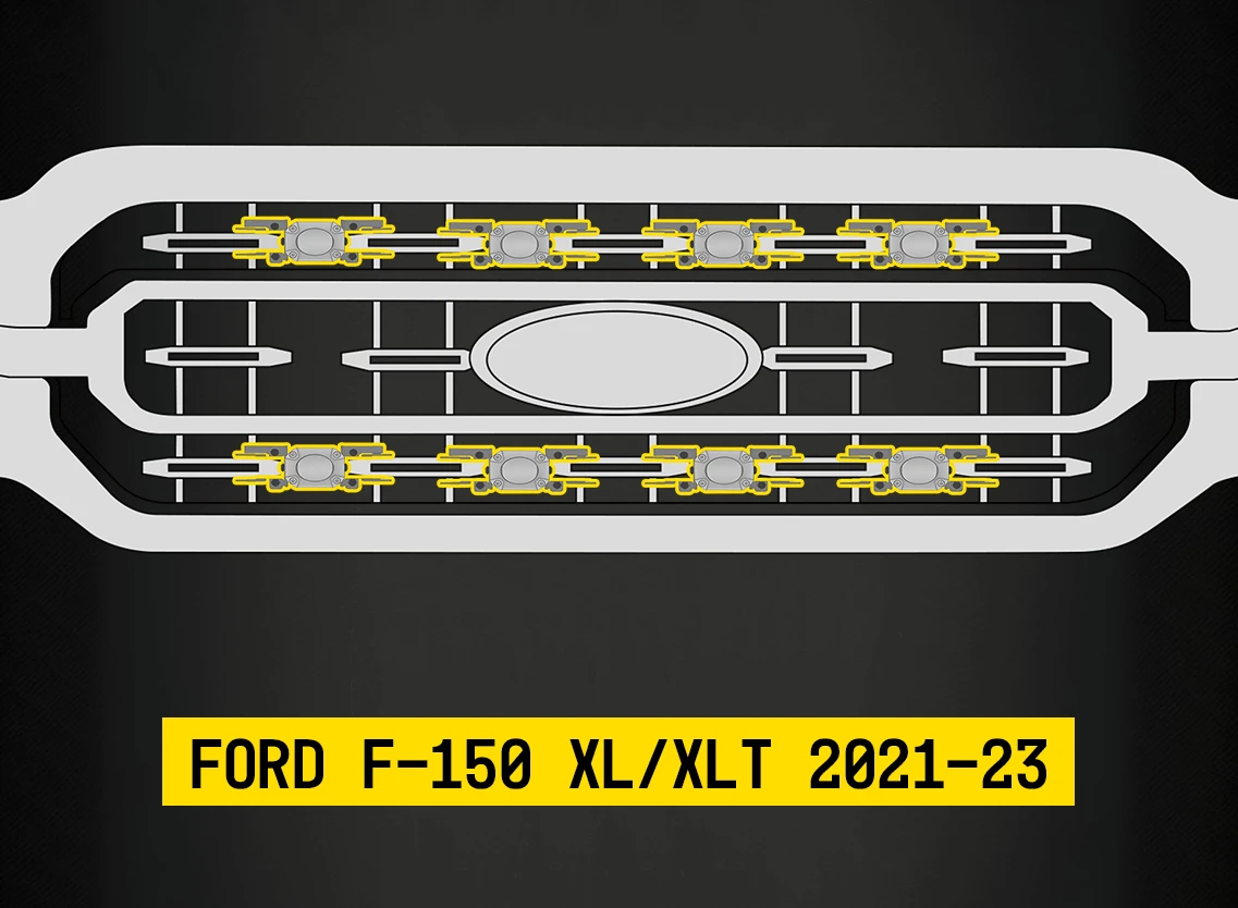 Tiny Monster Grille Kit for Ford F-150 XL/XLT, 2021-23 (8 Pods, Harness, Brackets)-42F18