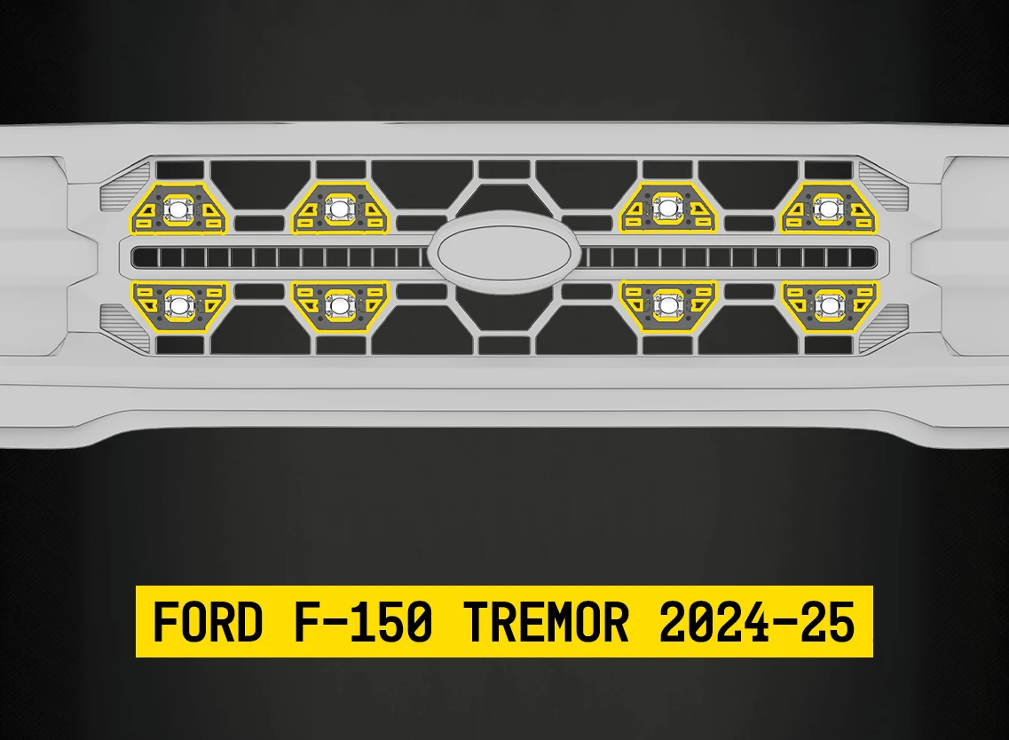 Tiny Monster Grille Kit for Ford F-150 Tremor, 2024-25 (8 Pods, Harness, Bracket)-42FB8